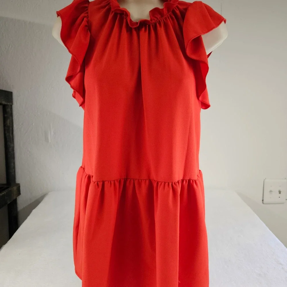 Entro Red Ruffle Neck Flutter Sleeve Tiered Babydoll Mini Dress Womens Small